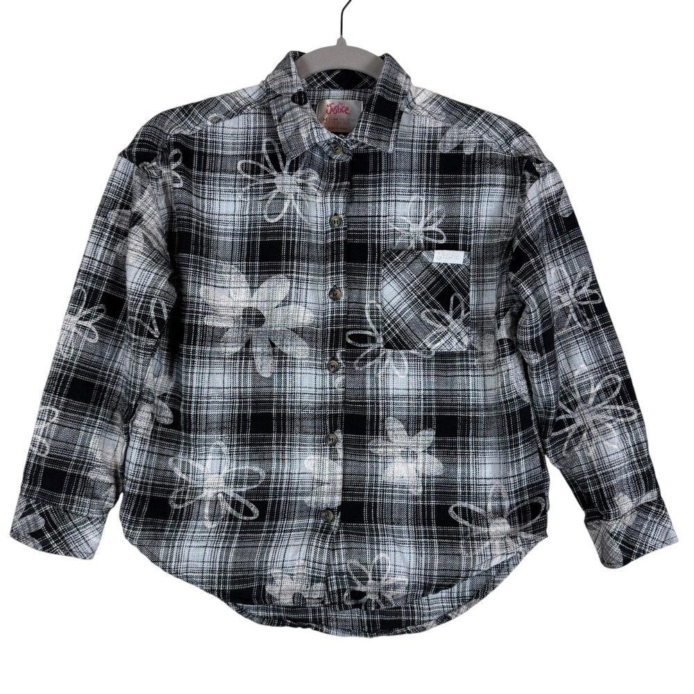 Justice Shirt Girls 10 Black Floral Plaid Flannel Button Up Long Sleeve Top